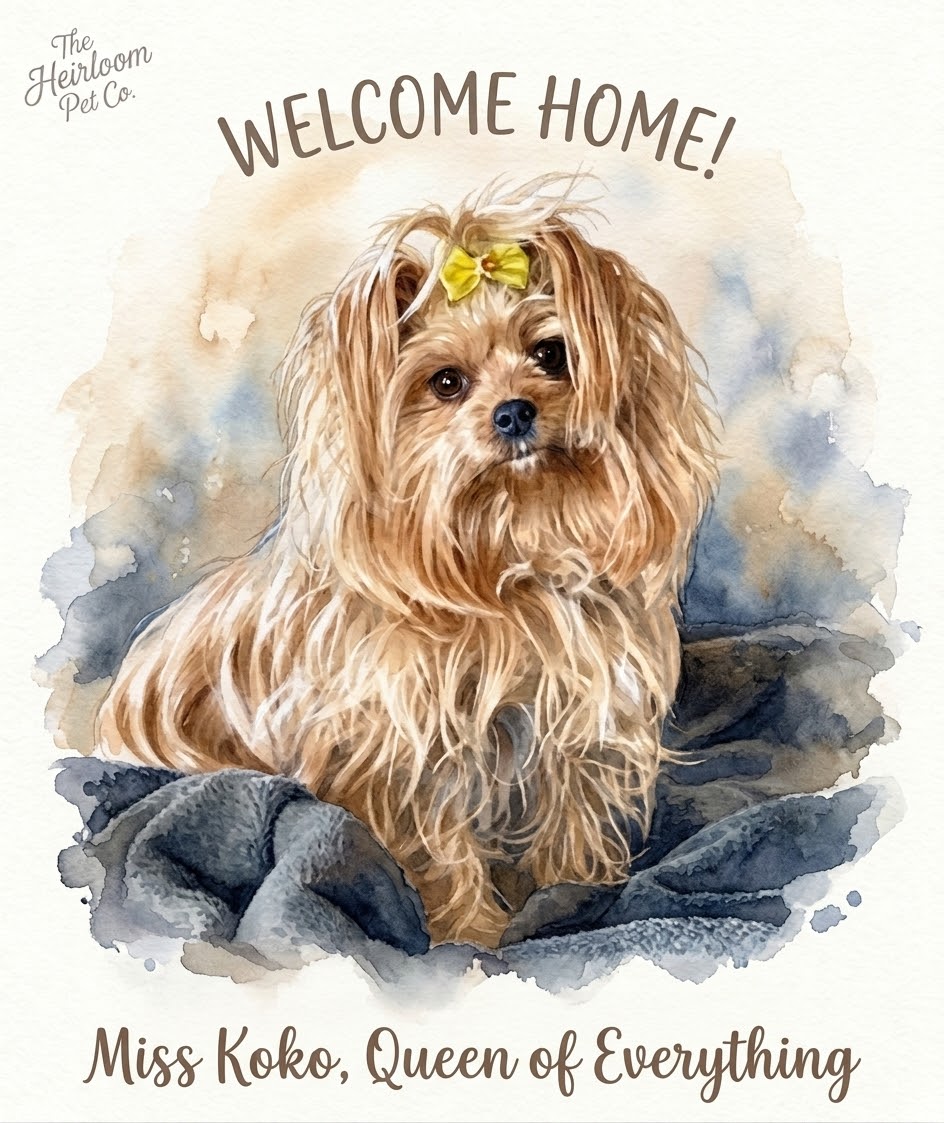Watercolor portrait of Miss Koko, a long-haired yorkie with a yellow bow
