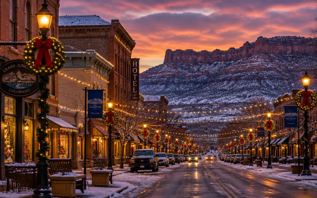 Downtown street glowing with holiday lights and wreaths