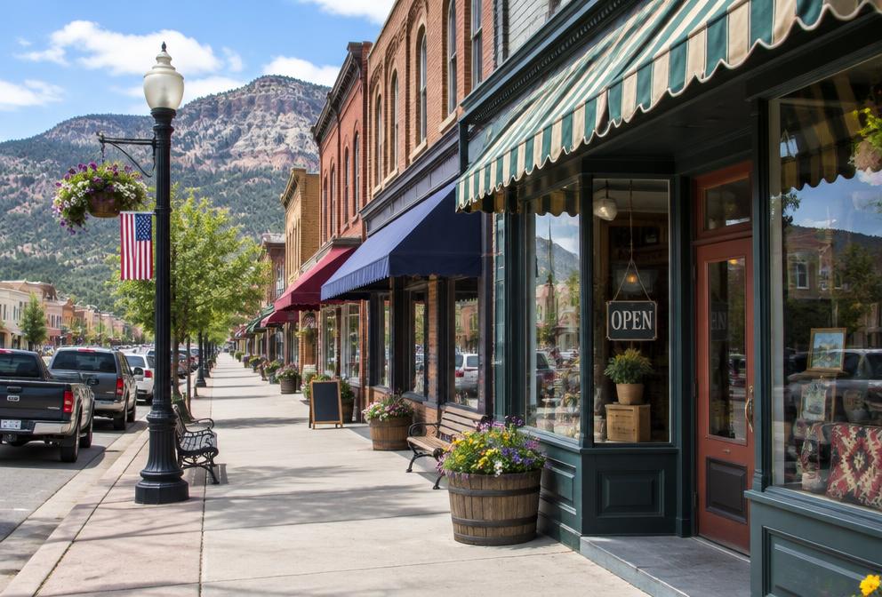 Local shopfronts on a downtown main street