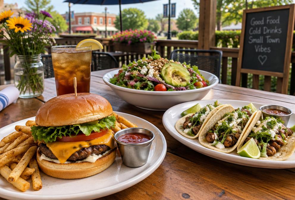 Burger, tacos and salad on a patio table